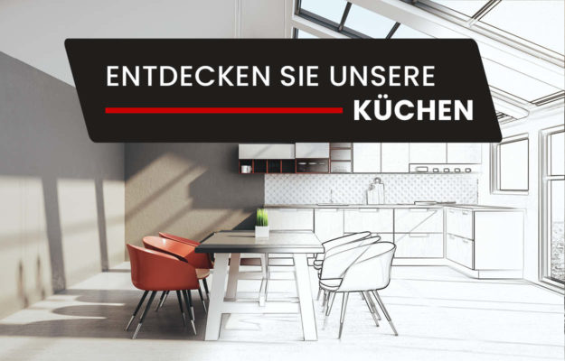 Planungszeichnung einer Küche mit Essbereich. Auf der Hälfte geht die Bleistiftzeichnung in einen 3D-Render über. Auf einem Textfeld steht "Entdecken Sie unsere Küchen"