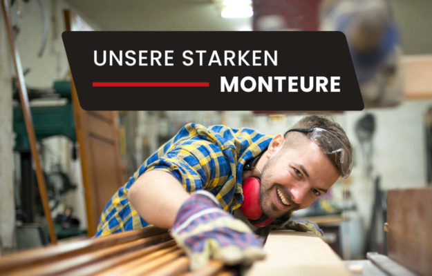 Glücklicher Mann, der an einer Bandsäge arbeitet. Auf dem Bild steht ineinüem dunkelgrauen Textfeld "Unsere starken Monteuere" | Küchenstudio in Radevormwald